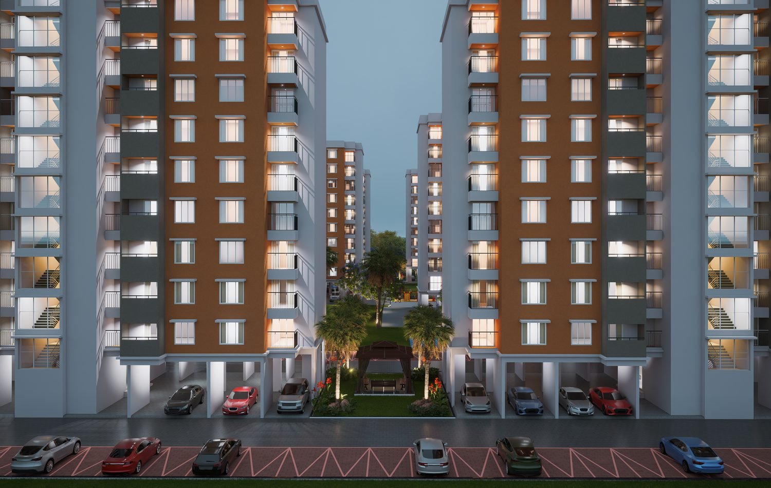 Internal street between two wings, with stilt-level parking and a planted avenue