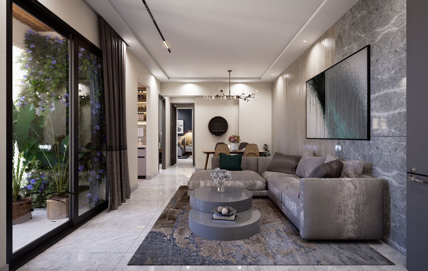Living room of a 2 BHK apartment with a stone feature wall and balcony beyond