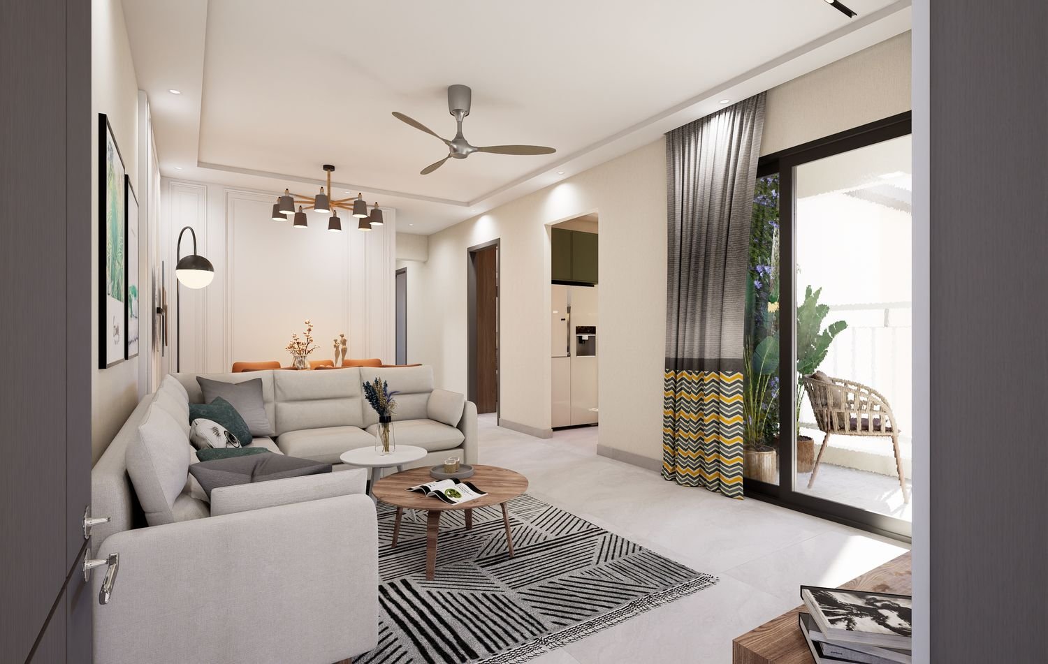 Living and dining room of a 3 BHK apartment, opening to a balcony through full-height glazing