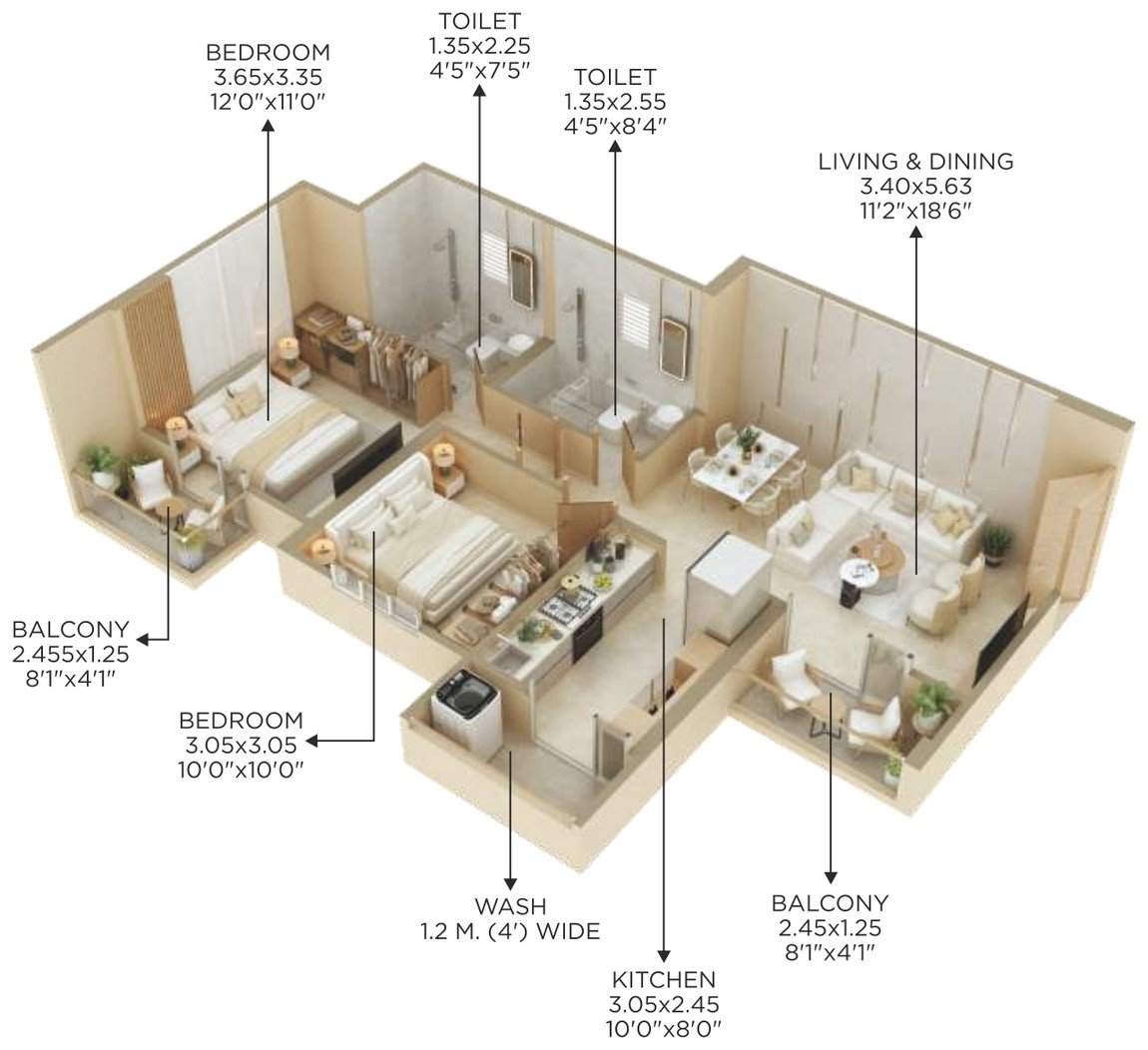 Isometric cutaway of the 2 BHK apartment showing two bedrooms, living and dining, kitchen with wash area and two toilets