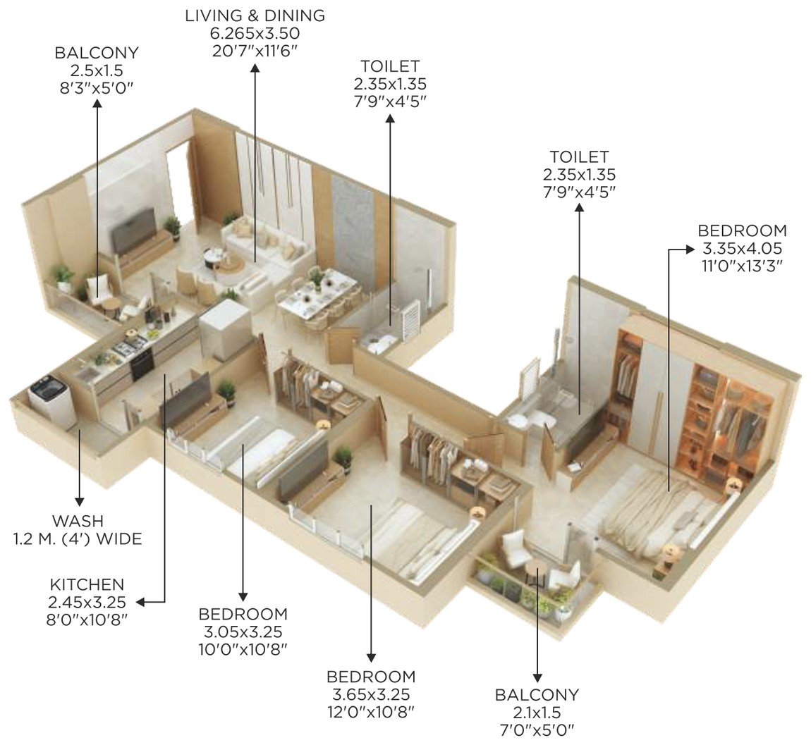 Isometric cutaway of the 3 BHK apartment showing three bedrooms, living and dining, kitchen with wash area and two toilets